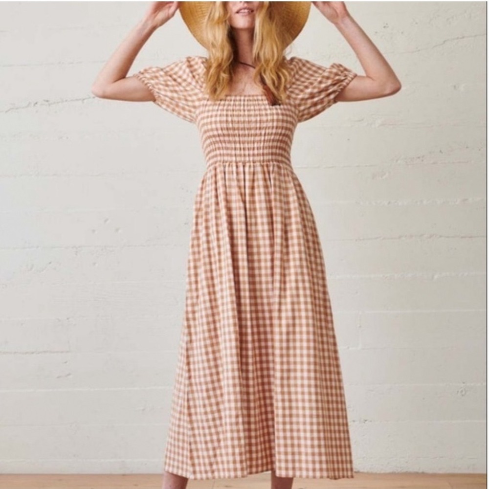WVN Somerset Gingham 100% Organic Cotton Puff Sleeve Maxi Dress Peach White Med